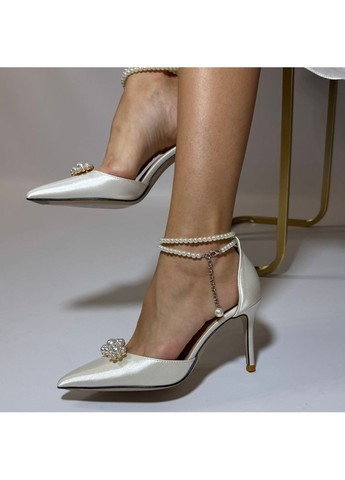 No Brand Жіночі туфлі весільні атласні та ремінцем перли та брошкою 5,5 см білий з текстиль, — (351394447)