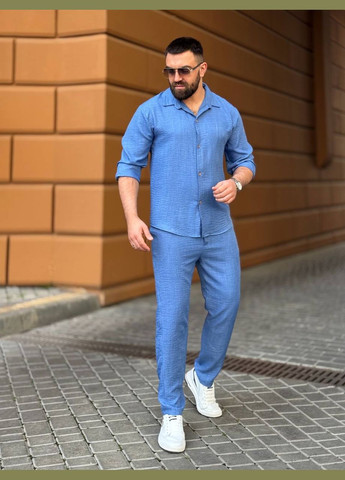 Світло-синій костюм жатий льон туреччина штани та сорочка No Brand