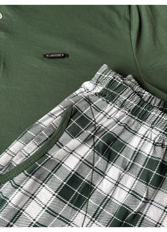 Чоловіча бавовняна піжама "Cameron" лонгслів та штани в клітину зелена Pijamoni (370769267)