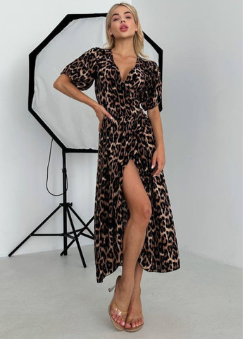 Комбінована кежуал вишукана легка літня вільна міді сукня на запах з леопардовим візерунком та короткими рукавами ліхтарик Tik-Tak леопардовий