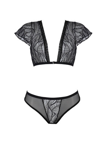 Черный демисезонный комплект leafa bikini black, бюстгальтер-топ с рукавчиками, стринги-шортики с вырезом - cherrylove Passion