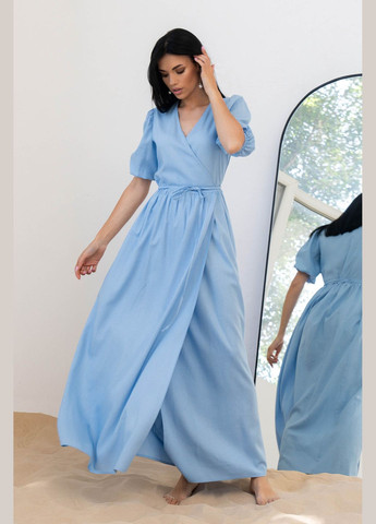 Блакитна повсякденний, кежуал подовжене плаття- з льняної тканини на запах Jadone Fashion однотонна