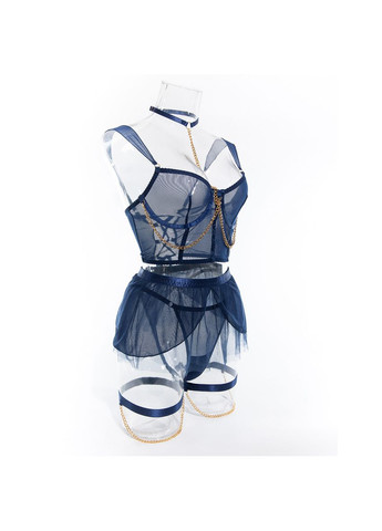 Синій демісезонний комплект жіночої спокусливої білизни з перчатками і акцентними цепочками синій No Brand