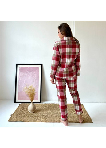 Комбинированная пижама (рубашка+штаны) женская теплая фланель клетка красная с розовым f61p Cosy