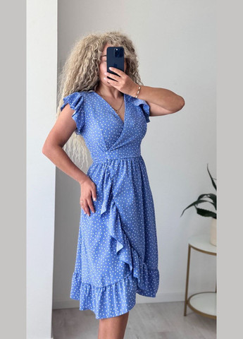 Блакитна повсякденний, кежуал сукня жіноча на запах на запах Україна в горошок