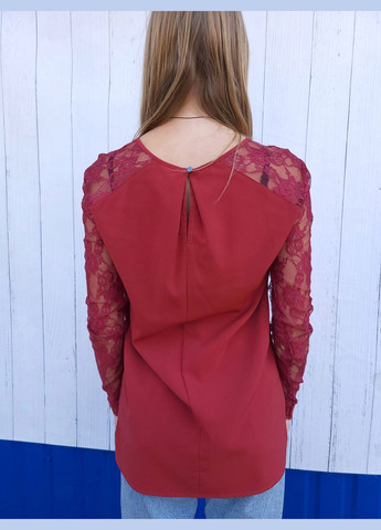 Бордовая блузка женская кирпичная с кружевными рукавами No Brand