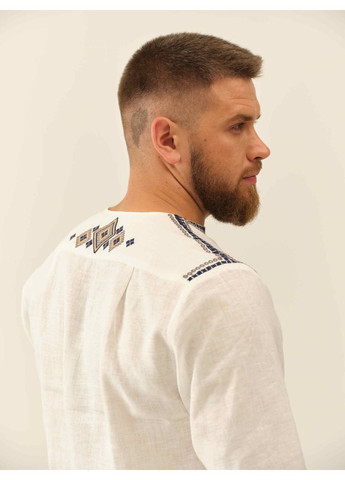 Біла біла лляна чоловіча вишиванка з орнаментом на спині ярема синя MOTYV візерунок орнамент льон (361893846)