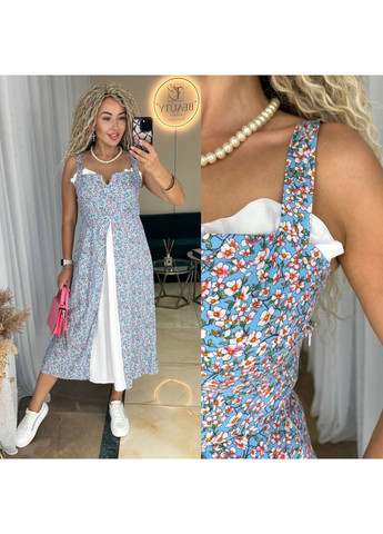 Блакитна сукня віскозний штапель,довга з розрізом,груди-резинка Україна