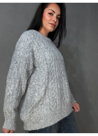 Светло-серый демисезонный свитер женский a-n 3324 оверсайз крупная вязка букле косы длинный one size No Brand