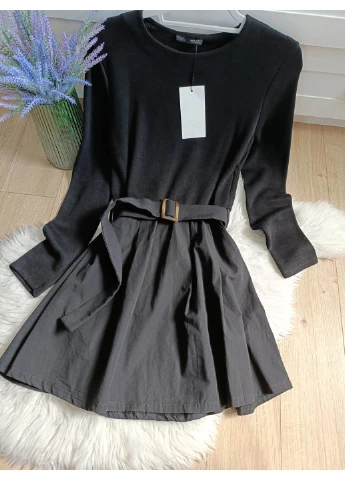 Черное стильное платье с поясом в тон Zara