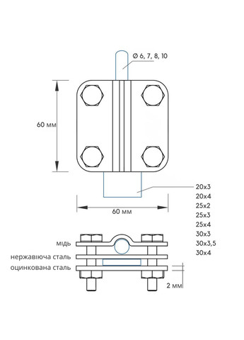 Биметаллический соединитель для катанки Ø 6, 7, 8, 10 мм и полосы до 30 мм на 3 пластины Cu/Ni/OC No Brand (364956239)