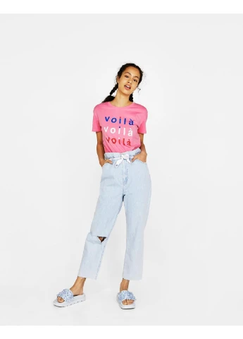 Футболка,рожевий з принтом, Bershka - (391055324)