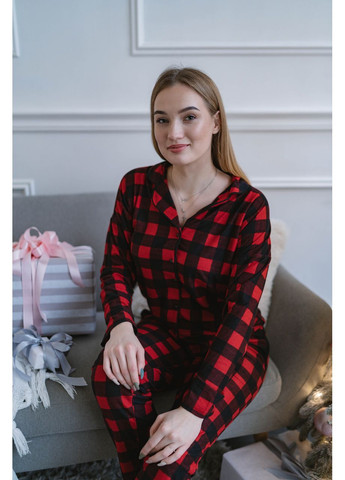 Красная всесезон утепленная пижама женская на пуговицах свободного кроя штаны + рубашка на длинный рукав ( красная клетка ) кофта + брюки Pijamoni