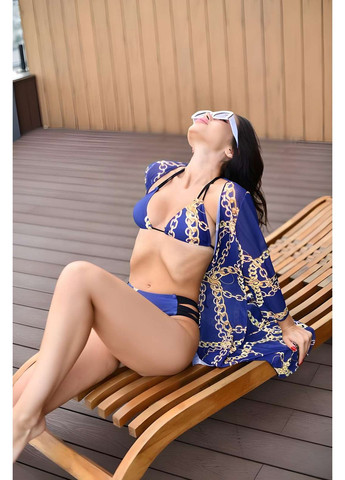 Синій літній жіночий літній комплект трійка: роздільний купальник і парео-халат роздільний No Brand