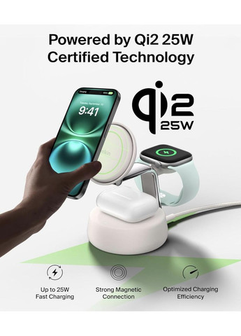 Бездротовий зарядний пристрій MagSafe Charger 3-in-1 Qi2.2 25W з вентилятором охолодження та блоком живлення 45W для iPhone Belkin (361075543)