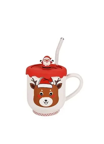 Чашка новорічна з кришкою та трубочкою "Deer" колір різнокольоровий TSB-00286408 No Brand (390467056)