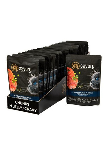 Влажный корм для взрослых кошек лосось с горошком в соусе 22х85г Savory (299766378)