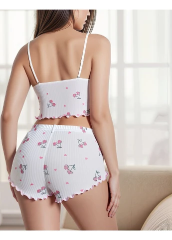 Біла всесезон жіноча піжама в рубчик з вишеньками (топ і шорти) «sweet cherry» xs-s майка + шорти No Brand
