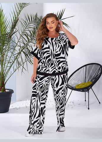 Жіночий брючний костюм батал білий з чорним принтом літній великий розмір повсякденний Bonita Костюм комплект (336913764)
