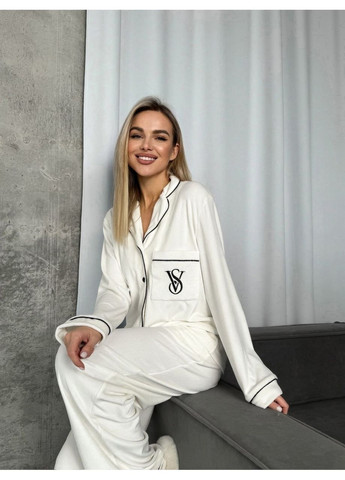 Молочная женская пижама турецкий велюр,декорированная вышивкой,брюки и рубашка Україна