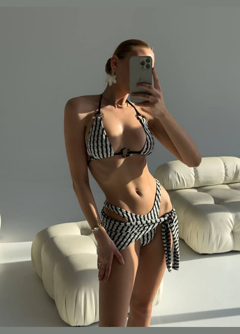 Черно-белый женский купальник 3в1 раздельный с парео baeli черно-белый No Brand