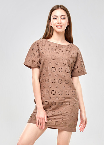 Коричневое кэжуал короткое платье из прошвы, светло-коричневого цвета. ORA в полоску