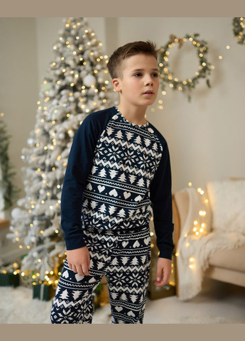 Темно-синя зимня піжама дитяча для хлопчика з різдвяним принтом в синьому кольорі, комплект піжамний дитячий, family look кофта + брюки Tom John