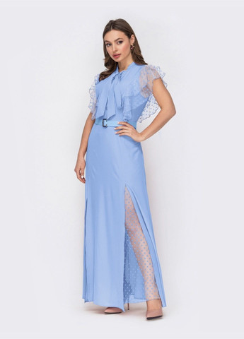 Голубое голубое платье с воротником-аскот и рукавом "крылышко" Dressa