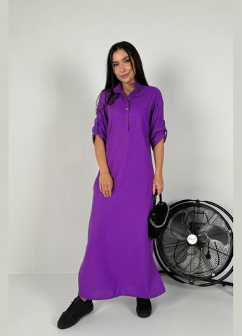 Лиловое повседневный, кэжуал, джинсовое стильное длинное прямое льняное платье с разрезамидлинное прямое льняное платье с разрезами INNOE однотонное
