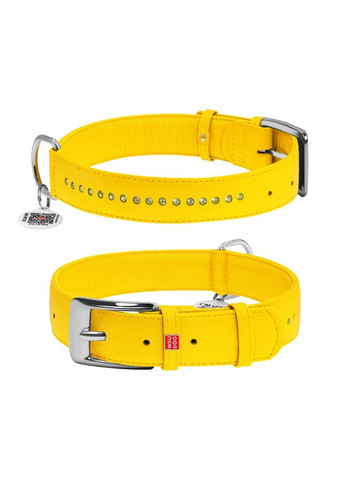 Ошейник для собак кожаный Glamour с QR паспортом, двойной со стразами, Ш 35 мм, Длин 46-60 см желтый WAUDOG (322002454)