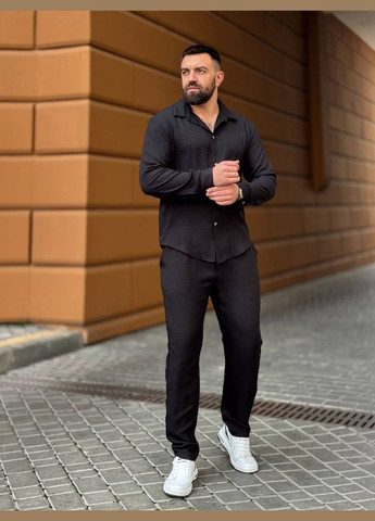 Чорний костюм жатий льон туреччина штани та сорочка No Brand