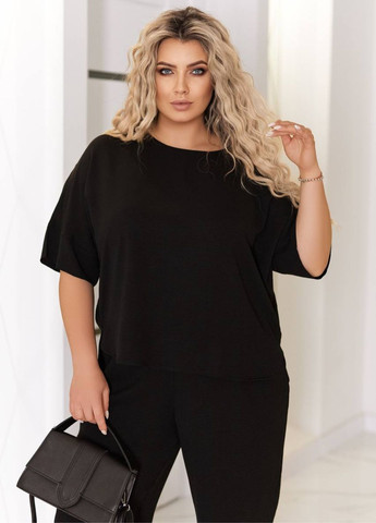 Базовый повседневный легкий свободный летний костюм двойка с украшением: удлиненная футболка позади + прямые брюки Tik-Tak (340163669)