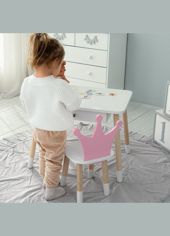 Дитячий столик білий і стільчик корона біло-рожевий. Столик із шухлядою для олівців і розмальовок 56787 No Brand (335039698)