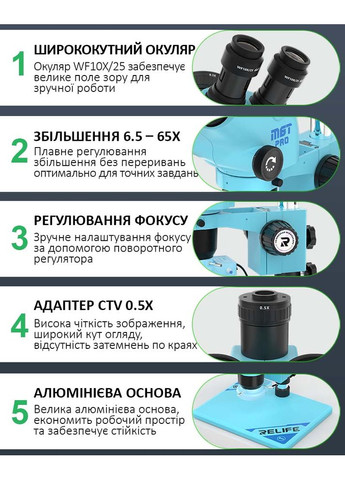 Мікроскоп тринокулярний RL-M6T Pro-B11 / 6.5X-65X / CTV 0,5X / підсвітка / Сірий Relife (307065310)