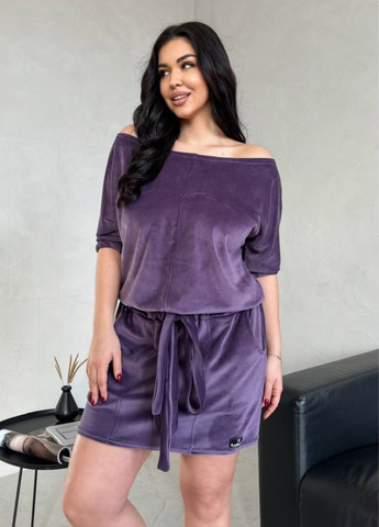 Фиолетовое повседневный стильное велюровое платье с открытыми плечами No Brand однотонное