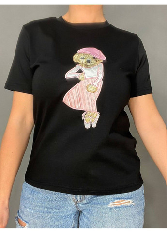 Футболка женская A-N 26009 нашивка мишка балерина впереди однотонная средняя длина базовая one size No Brand - (322948913)