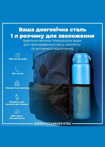 Бутылка для воды металлическая ION8 1200 мл. Stainless Steel, Blue SmartShake (345713423)