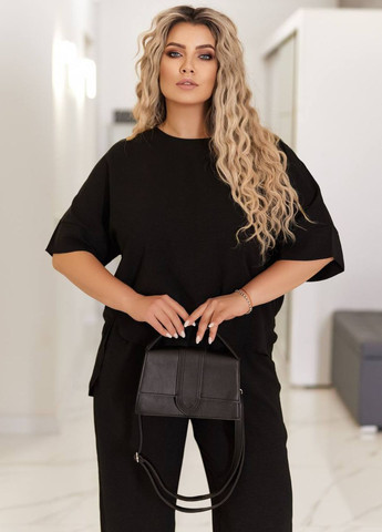 Базовый повседневный легкий свободный летний костюм двойка с украшением: удлиненная футболка позади + прямые брюки Україна (331783447)