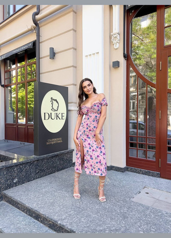 Пудровое праздничный, повседневный, коктейльное женское платье меди в цветочном принте. силуэтная Avanti с цветочным принтом