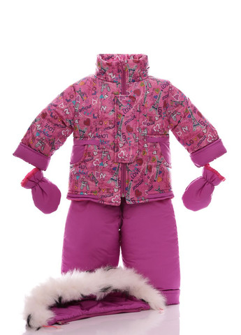 Рожевий зимній комбінезон на синтепоні для дівчинки з принтом серце біле з чорним хутро нуль підстібка рожевий 86 см (50727) BABYKROHA