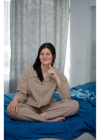 Бежева всесезон жіноча бавовняна піжама у клітинку бежева сорочка + брюки PAPLYK