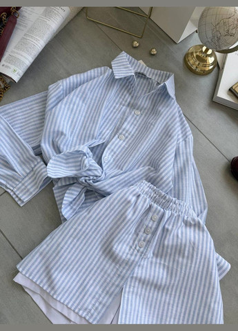 Льняний літній костюм двійка у смужку у блакитному кольорі No Brand 585-1 (338537754)