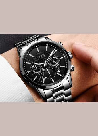 Часы мужские наручные кварцевые классические черные Lige 9866 Silver (325478517)