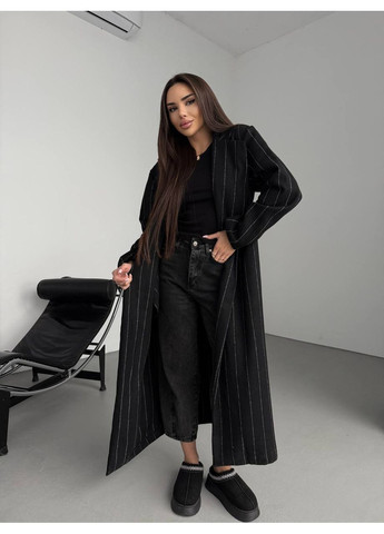 Чорне демісезонне Жіноче кашемірове пальто в смужку на запах MonCher