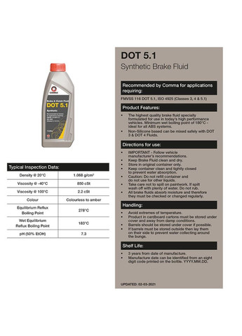Тормозная жидкость DOT 5.1 BRAKE FLUID 1 литр Comma (280947058)