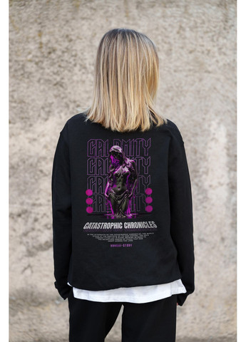 Черный женский утепленный оверсайз свитшот на флисе с принтом calomity Without однотонный без декора (361680363)