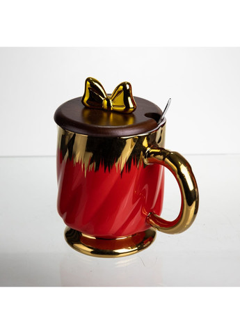 Чашка порцелянова Ribbon 450 мл з кришкою та ложкою, червоний FM-23C No Brand (368641476)