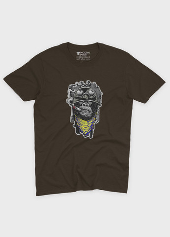 Коричневая летняя женская футболка с патриотическим принтом горилла (ts001-4-dch-005-1-105-f) Modno