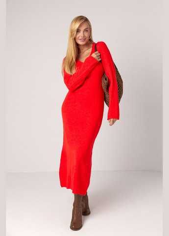 Красное повседневный длинное вязаное платье с v-образной горловиной - красный цвет, one size (sku_5883) No Brand однотонное