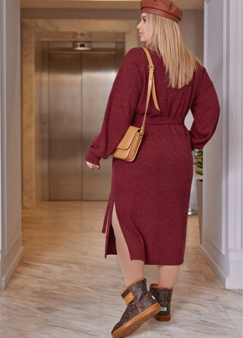 Бордовое повседневный платье свободного кроя с поясом платье-свитер No Brand однотонное
